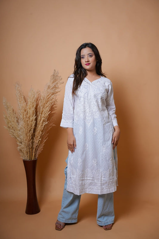 Chikankari hand embroidered | Long Kurta |Dobi White | White