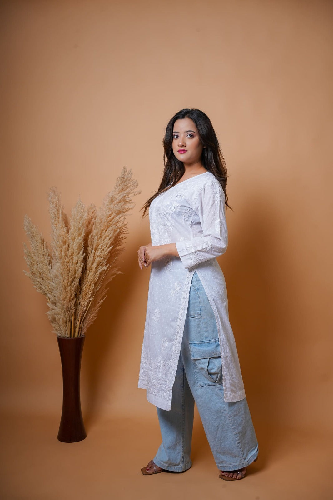 Chikankari hand embroidered | Long Kurta |Dobi White | White