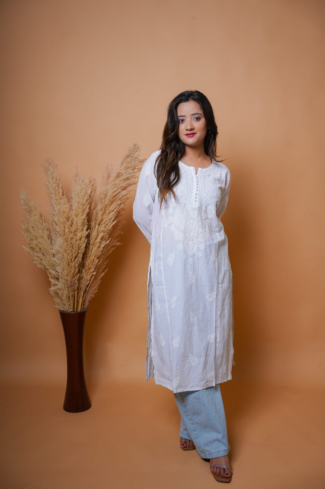 Chikankari hand embroidered | Long Kurta | Khadi Cotton | White