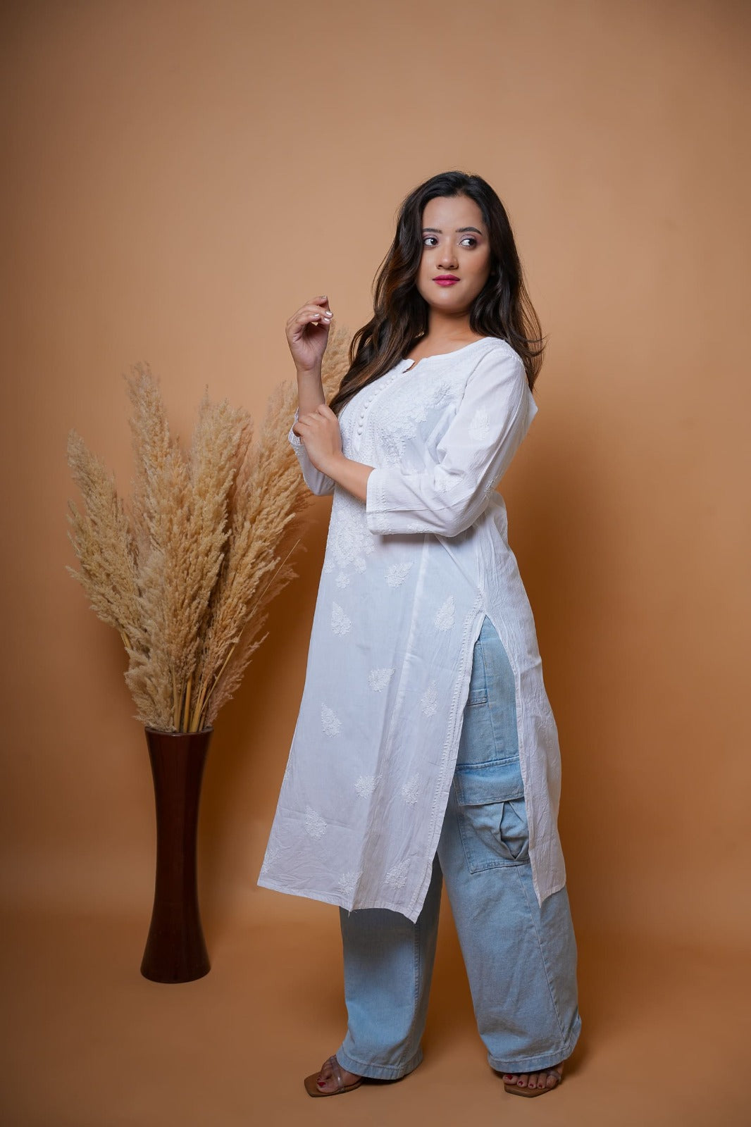 Chikankari hand embroidered | Long Kurta | Khadi Cotton | White