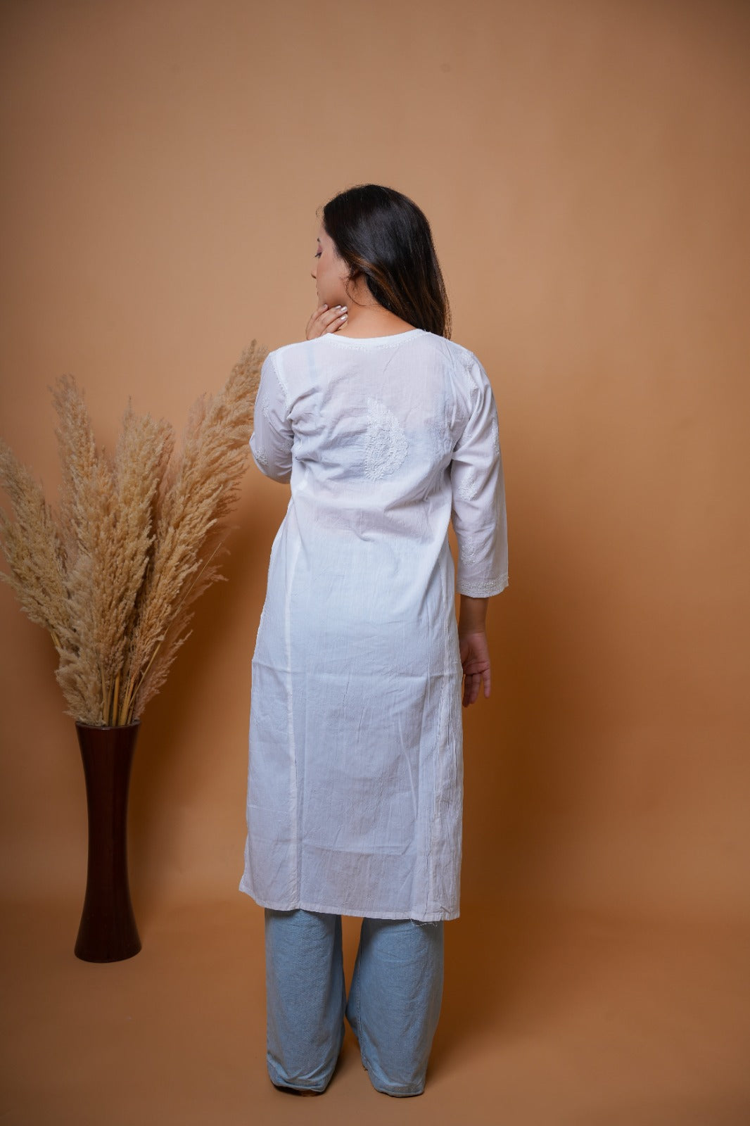 Chikankari hand embroidered | Long Kurta | Khadi Cotton | White