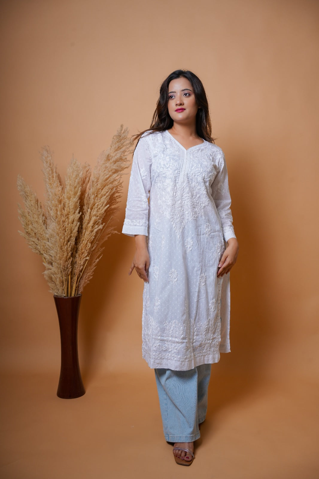 Chikankari hand embroidered | Long Kurta |Dobi White | White