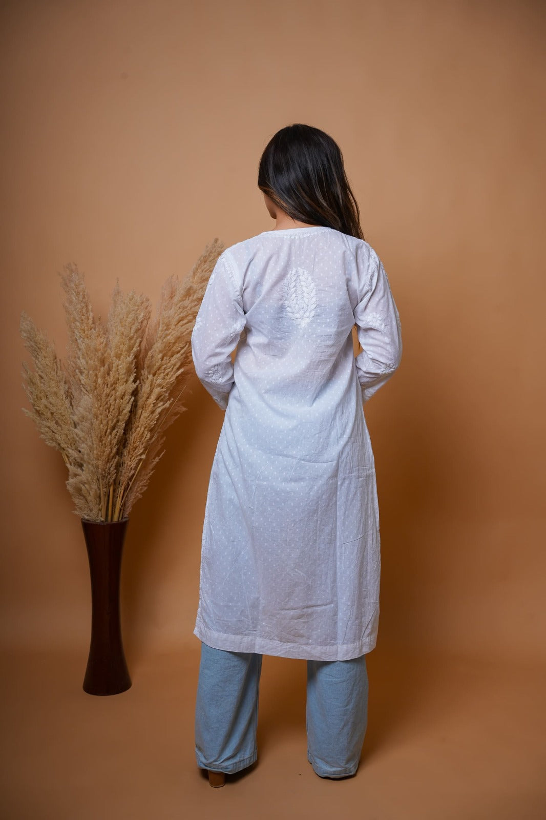 Chikankari hand embroidered | Long Kurta |Dobi White | White