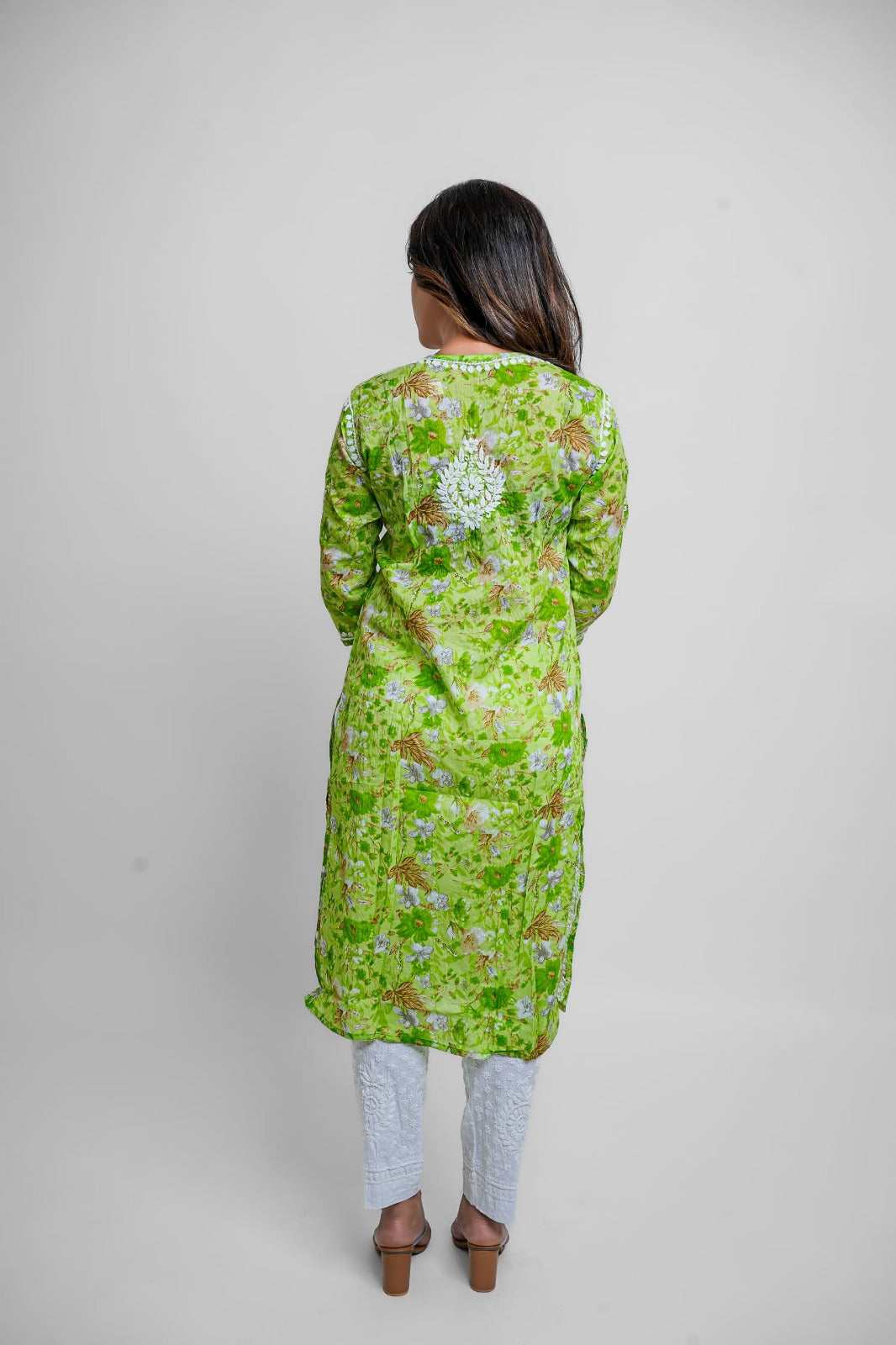 Chikankari hand embroidered | Long Kurta |Mul cotton | Green Floral print