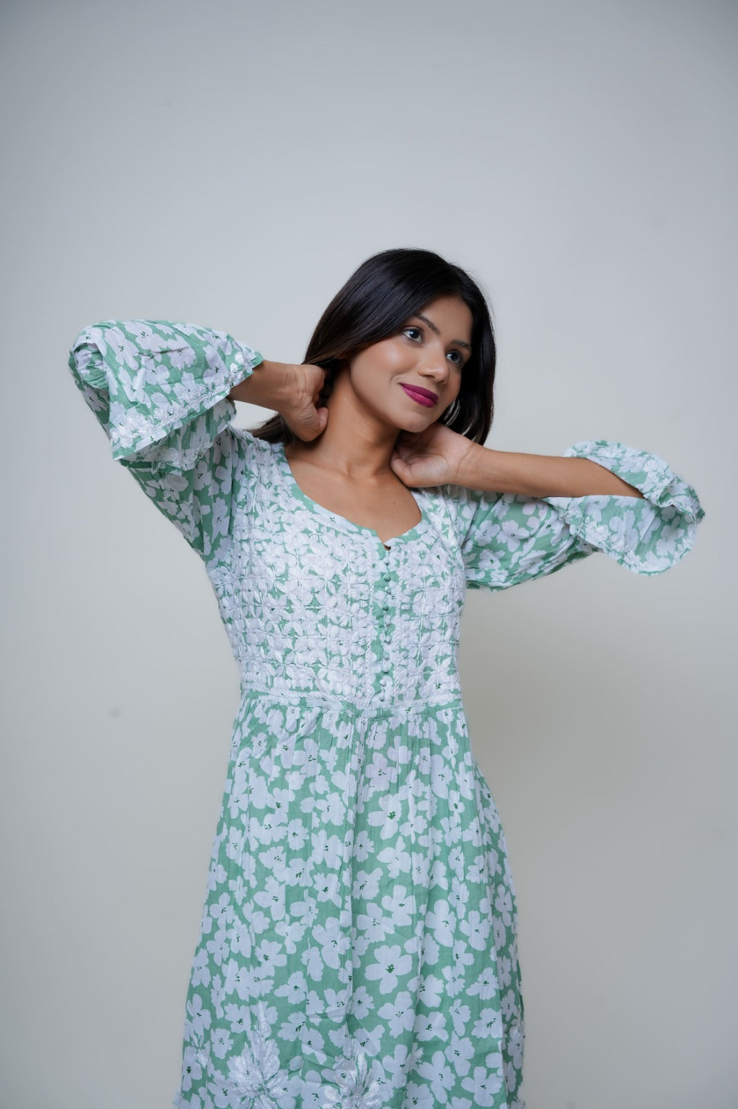 Chikankari hand embroidered | Short Kurta Dress | Mul cotton | Pista Green