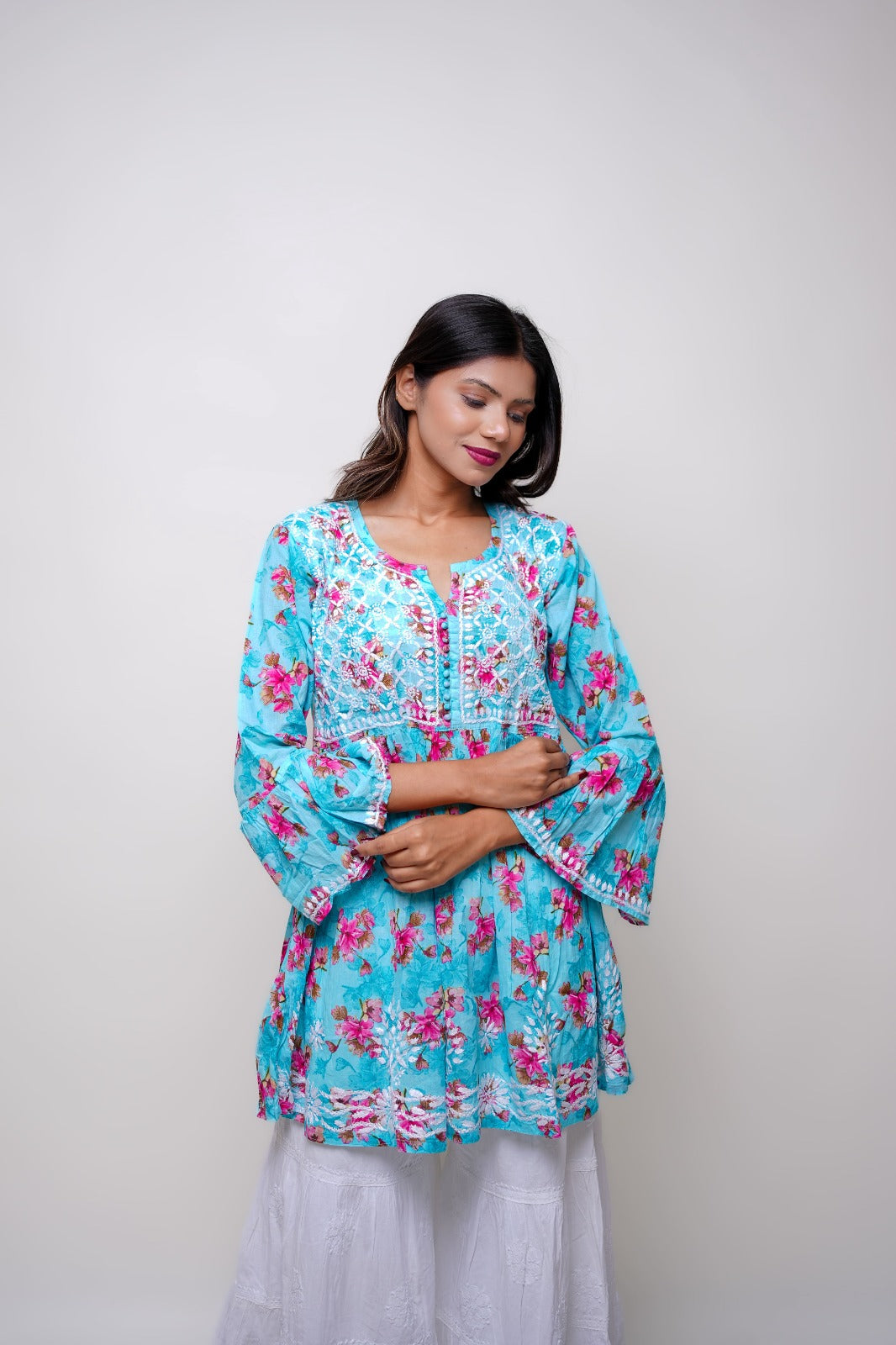 Chikankari hand embroidered | Short Kurta Dress | mul cotton | Sea Green
