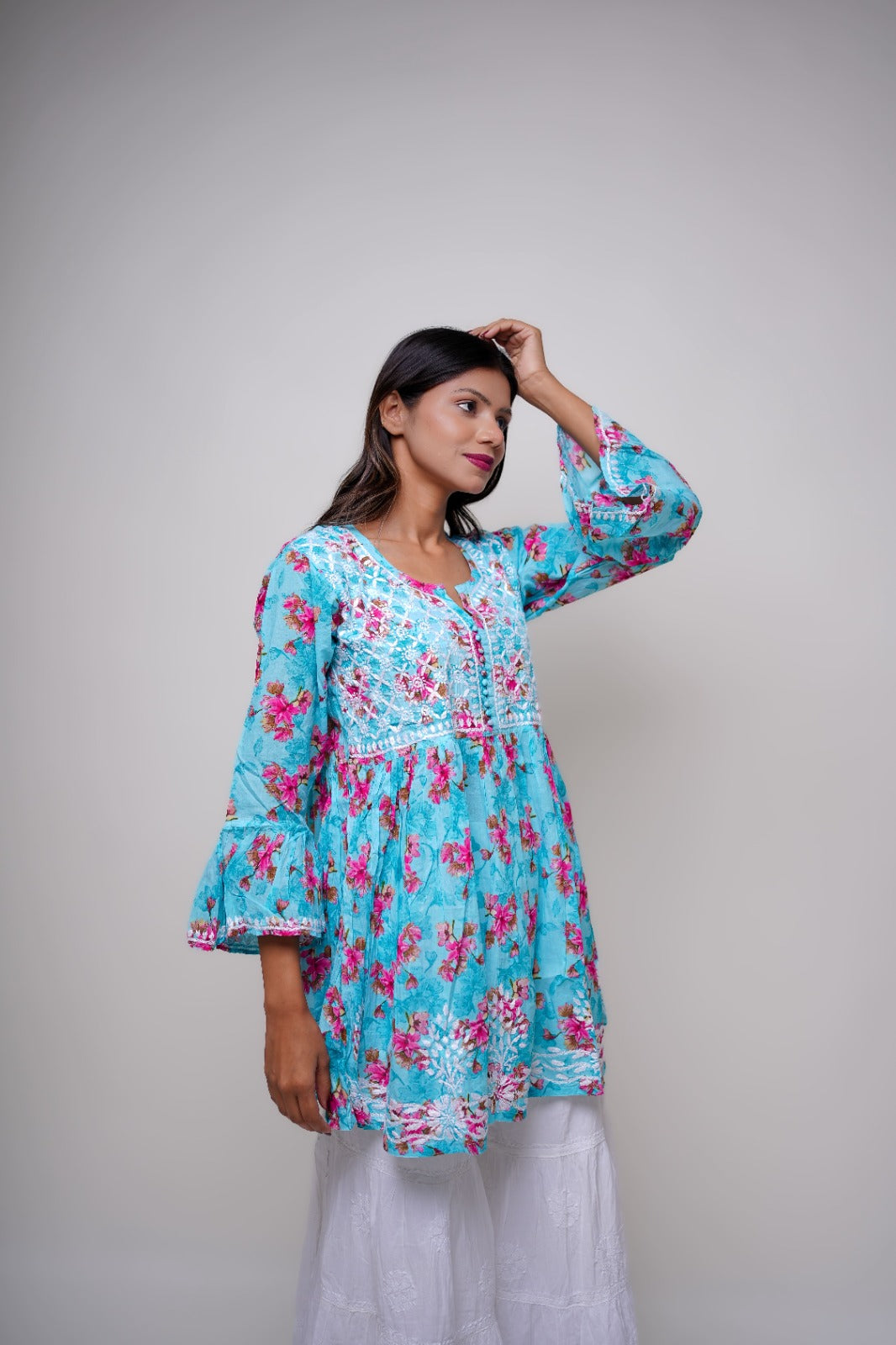 Chikankari hand embroidered | Short Kurta Dress | mul cotton | Sea Green