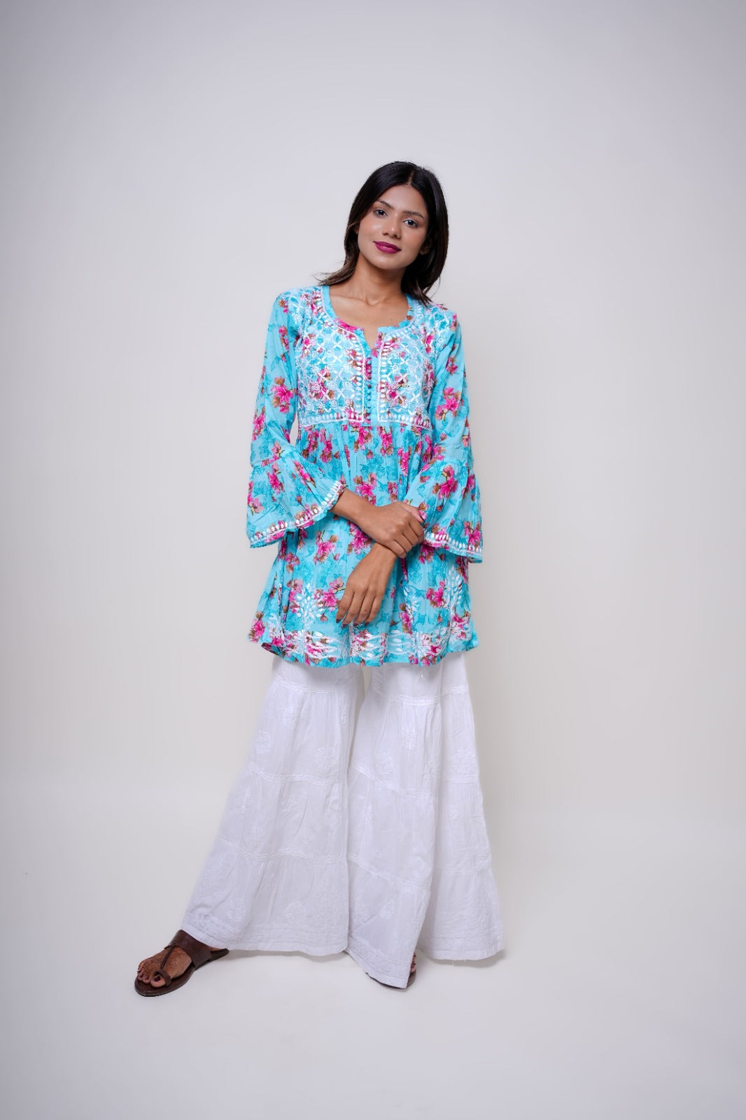 Chikankari hand embroidered | Short Kurta Dress | mul cotton | Sea Green