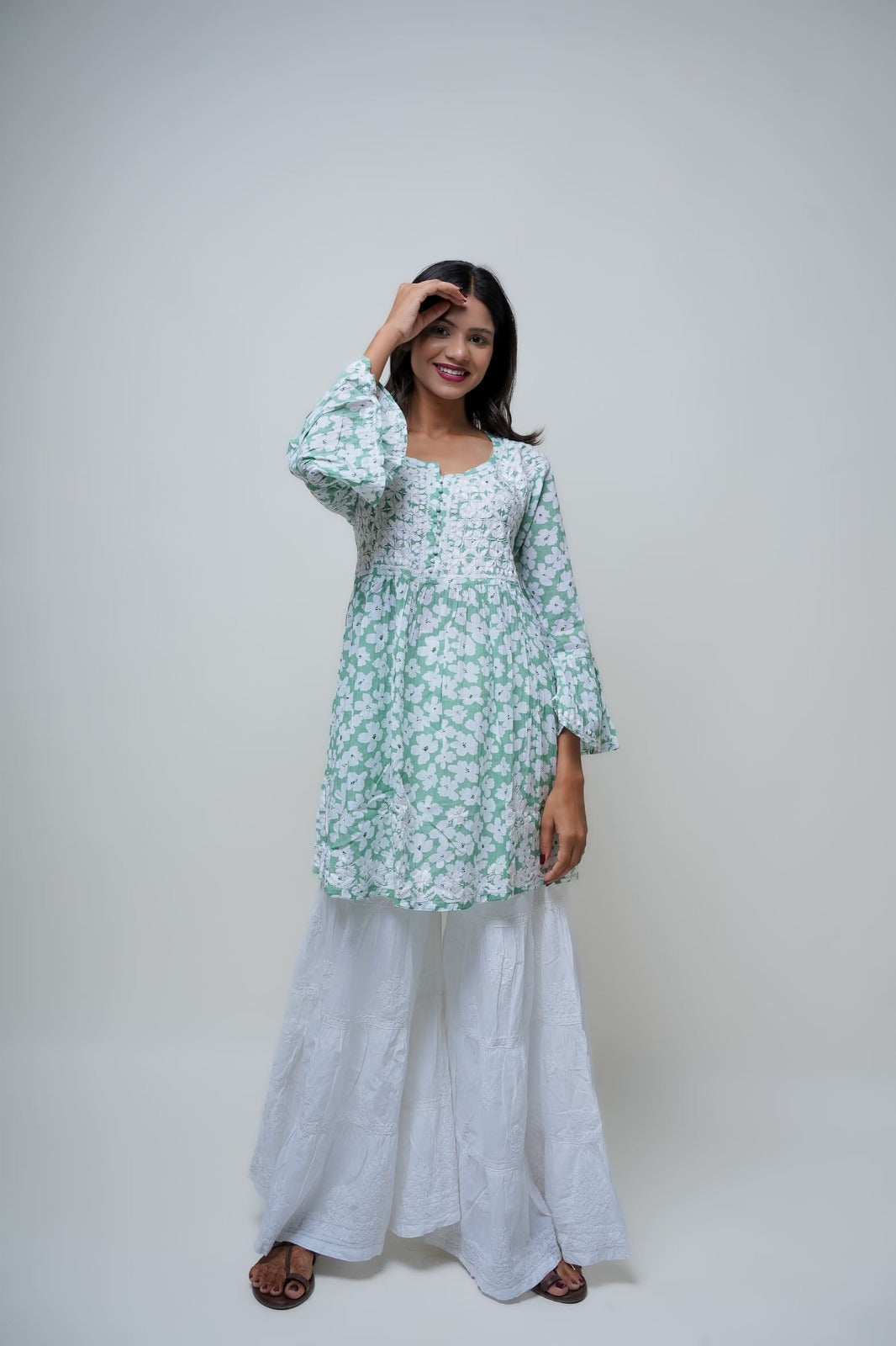 Chikankari hand embroidered | Short Kurta Dress | Mul cotton | Pista Green