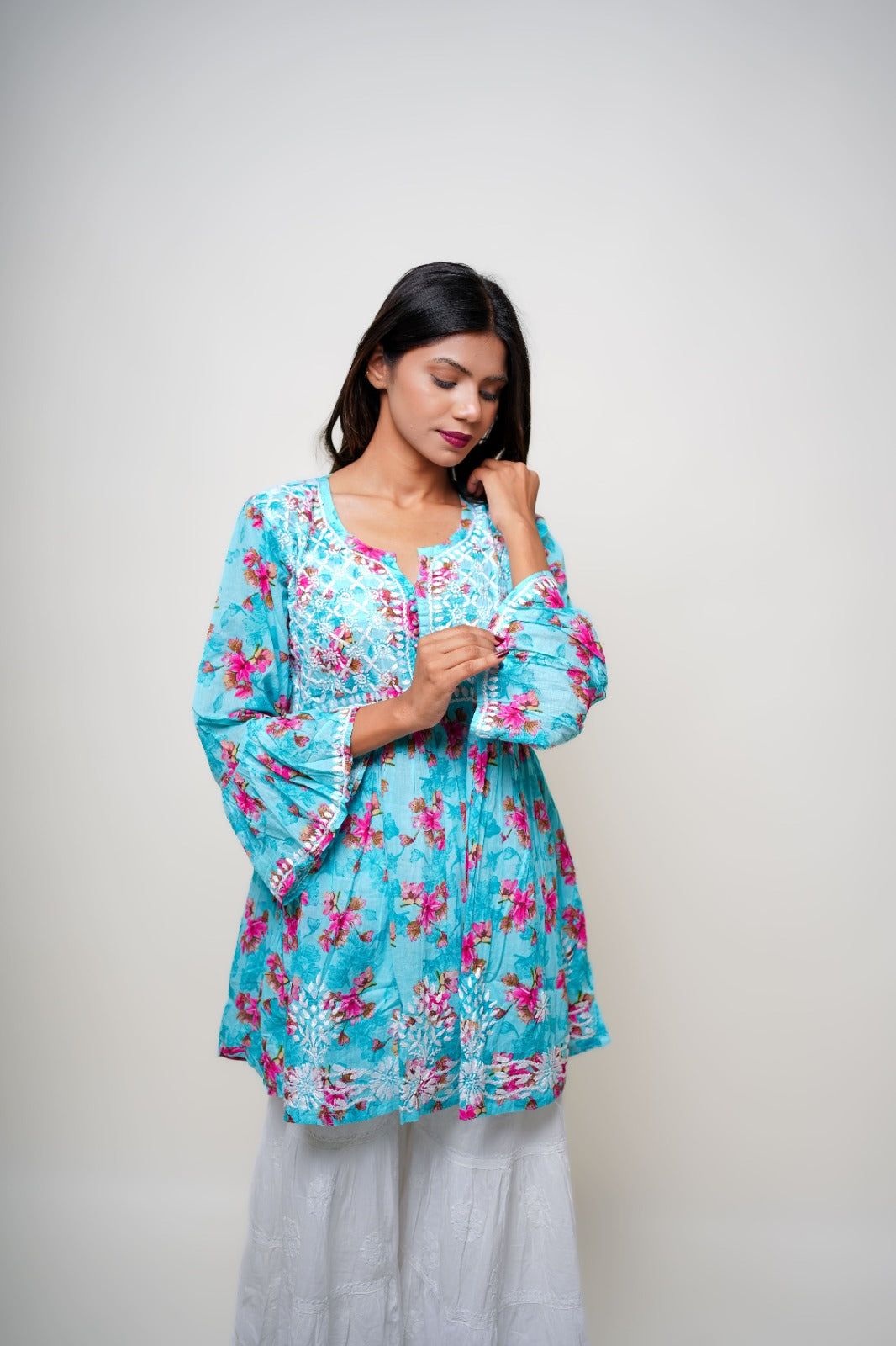 Chikankari hand embroidered | Short Kurta Dress | mul cotton | Sea Green