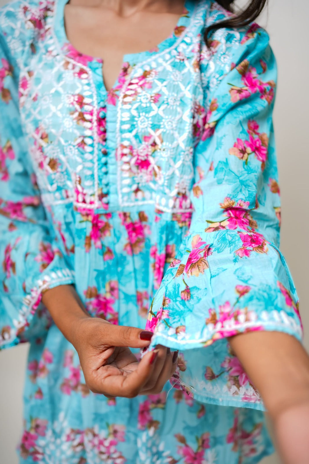 Chikankari hand embroidered | Short Kurta Dress | mul cotton | Sea Green