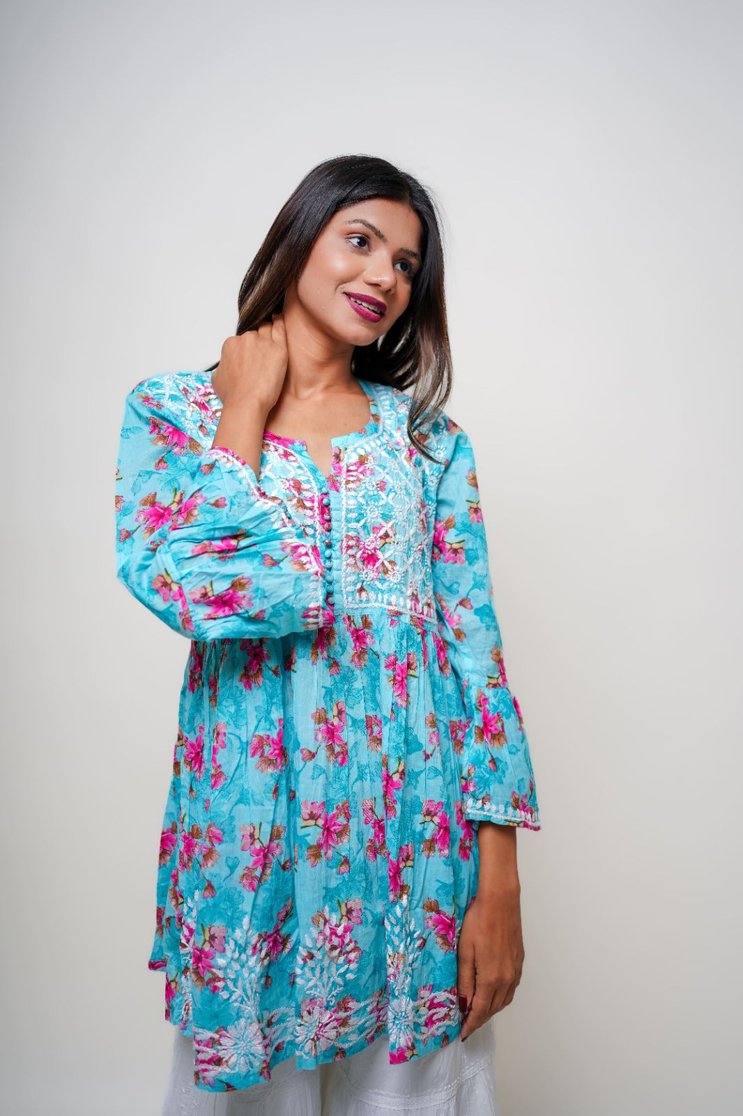 Chikankari hand embroidered | Short Kurta Dress | mul cotton | Sea Green