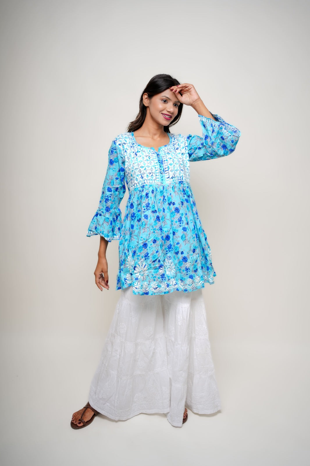 Chikankari hand embroidered | Short Kurta Dress | mul cotton | Sky Blue