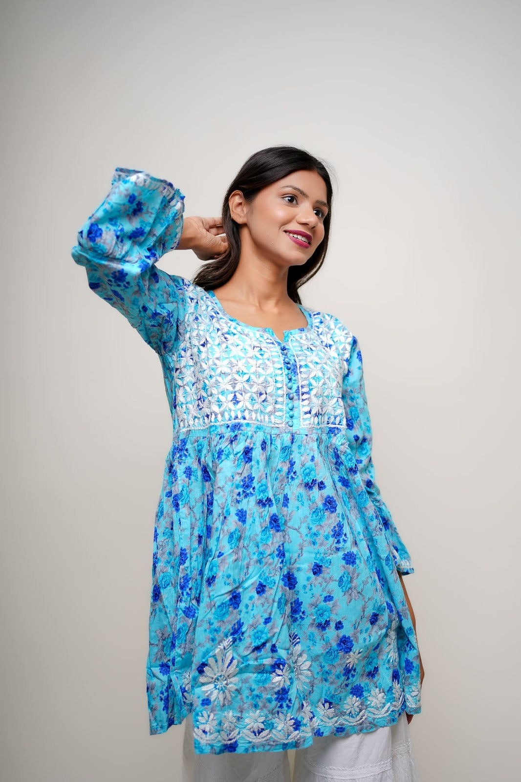 Chikankari hand embroidered | Short Kurta Dress | mul cotton | Sky Blue