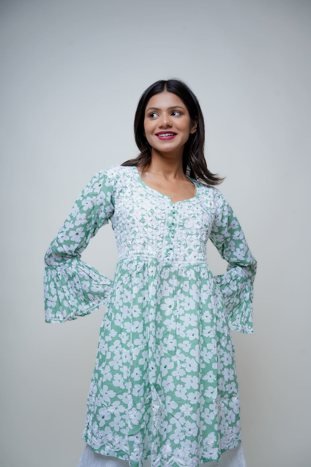 Chikankari hand embroidered | Short Kurta Dress | Mul cotton | Pista Green