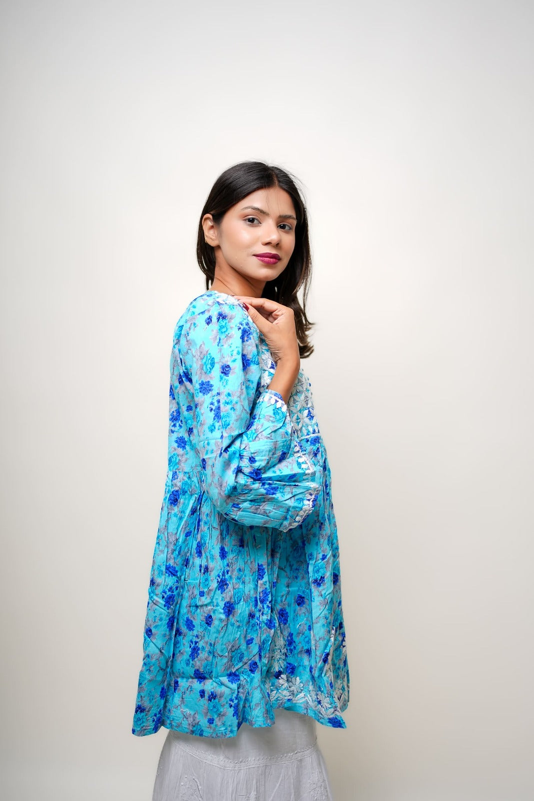 Chikankari hand embroidered | Short Kurta Dress | mul cotton | Sky Blue