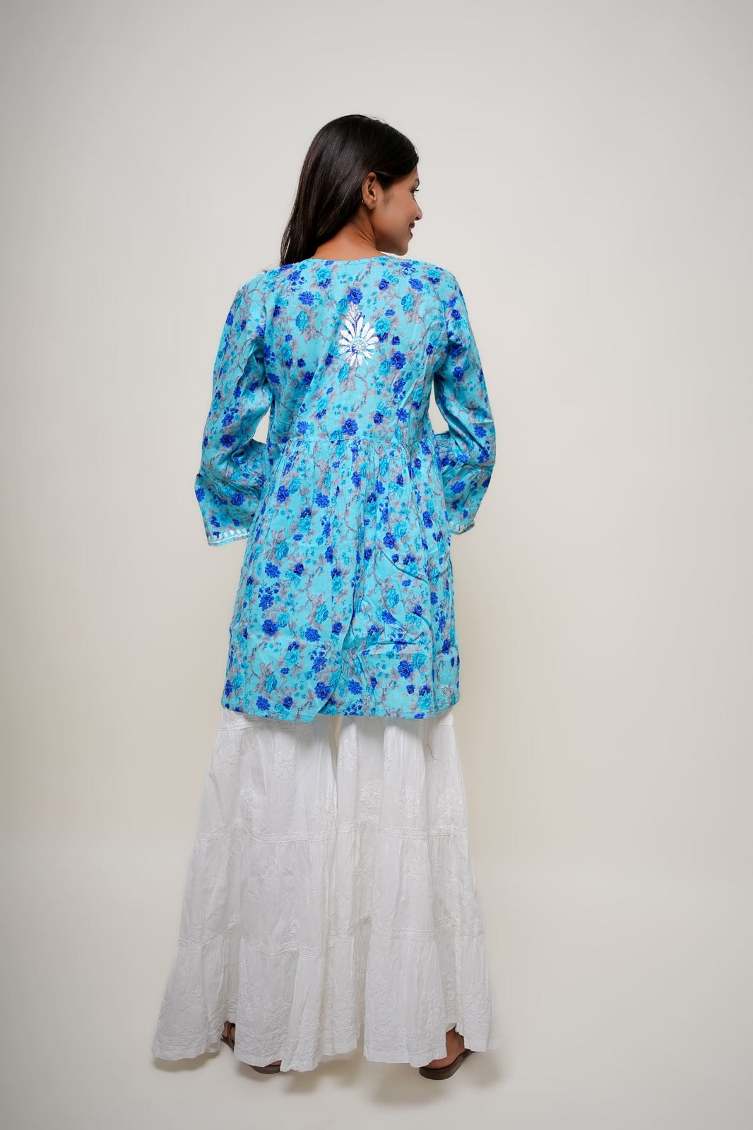 Chikankari hand embroidered | Short Kurta Dress | mul cotton | Sky Blue