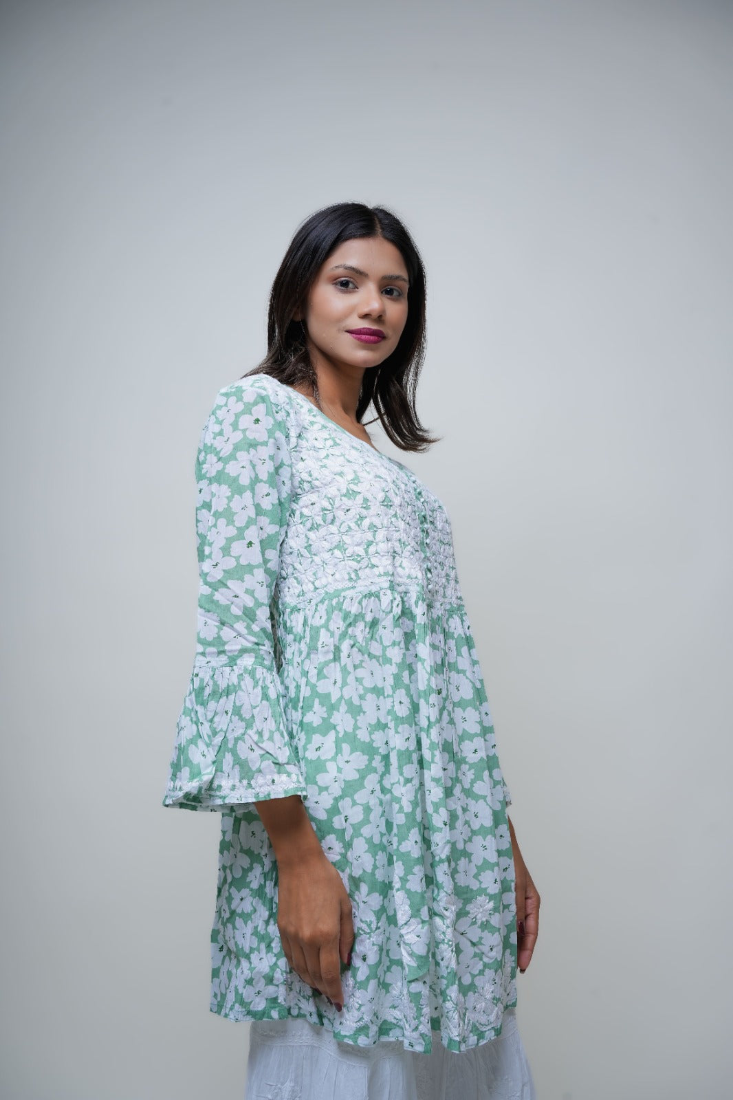 Chikankari hand embroidered | Short Kurta Dress | Mul cotton | Pista Green