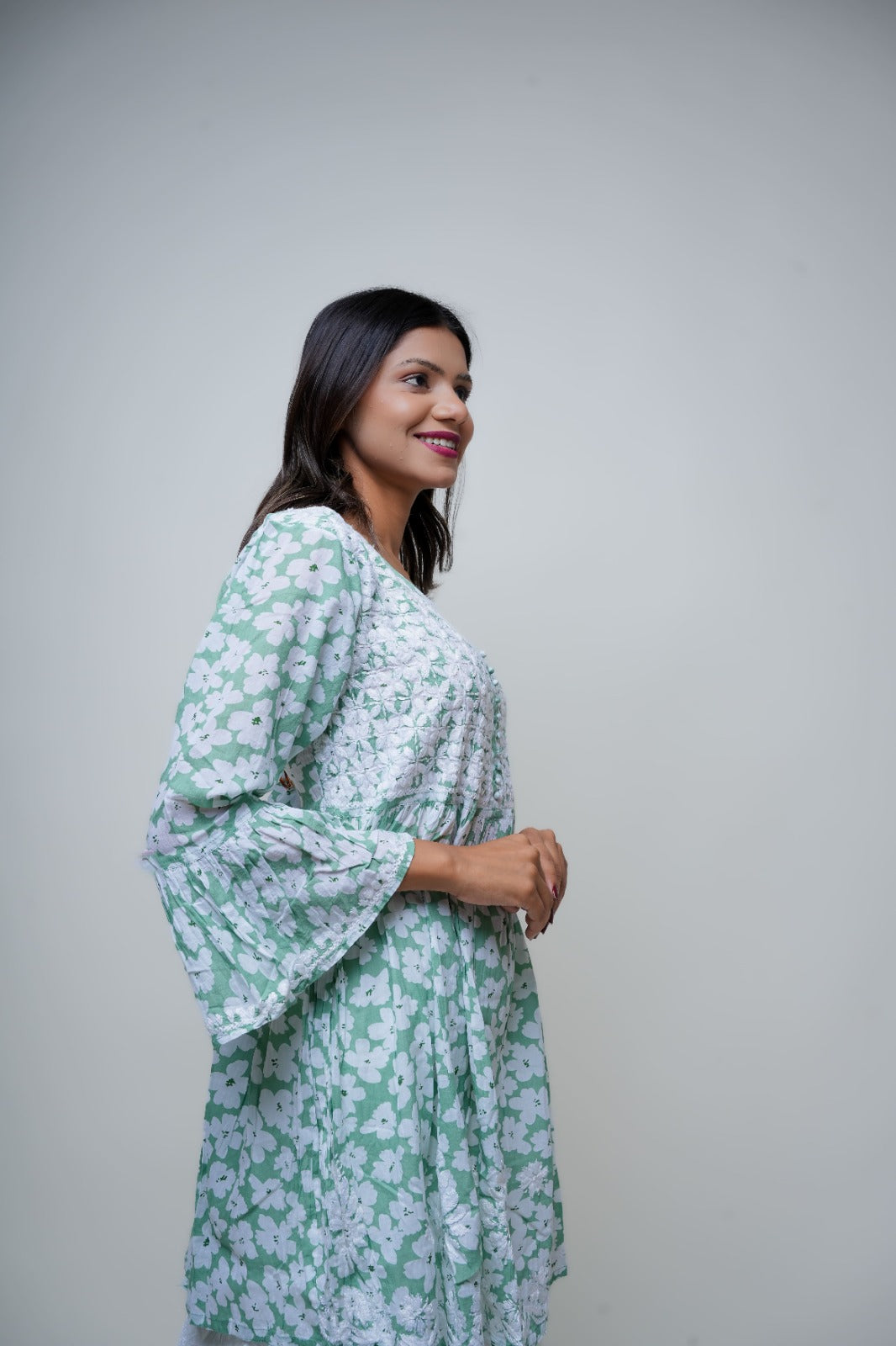 Chikankari hand embroidered | Short Kurta Dress | Mul cotton | Pista Green