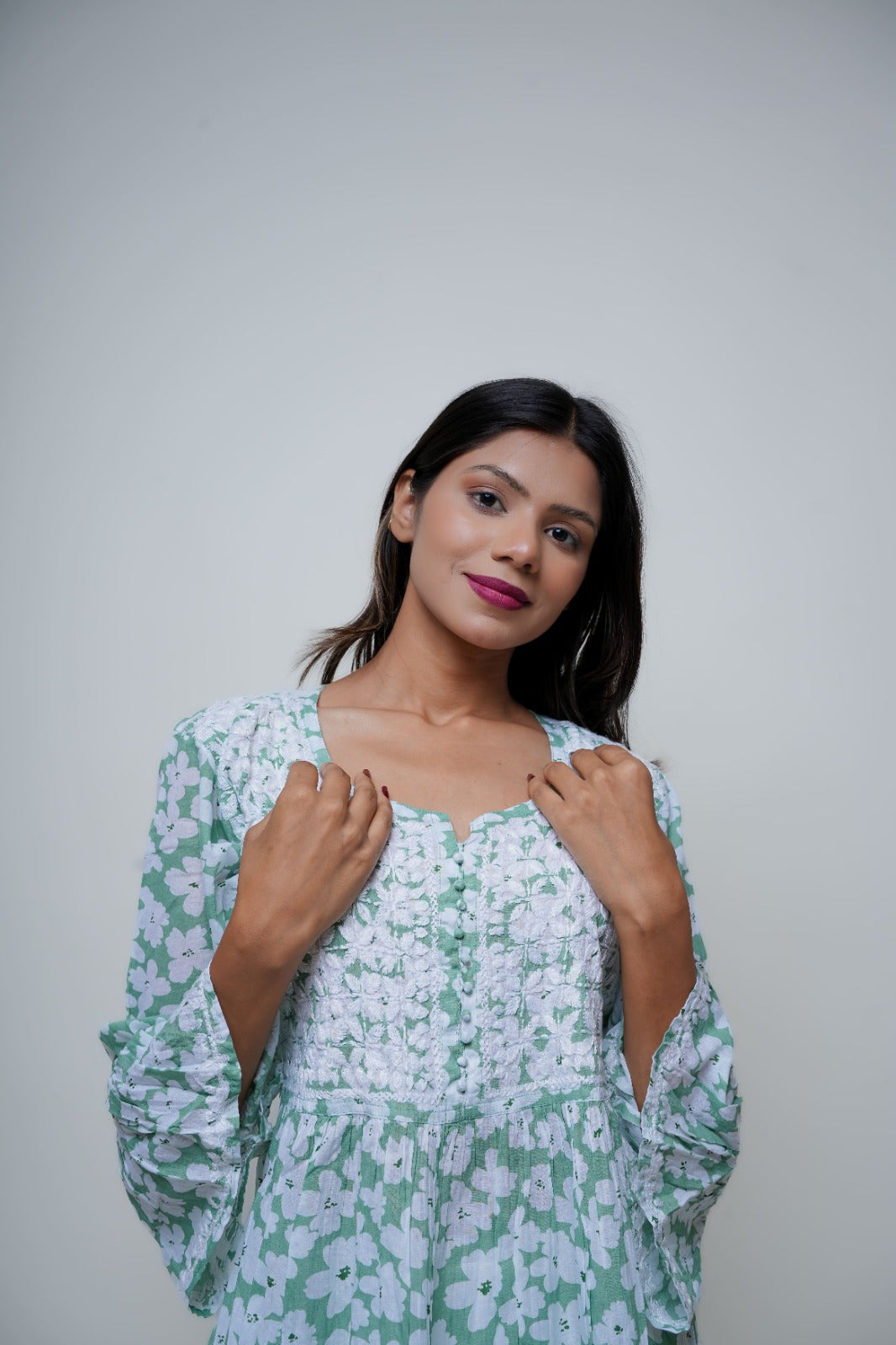 Chikankari hand embroidered | Short Kurta Dress | Mul cotton | Pista Green