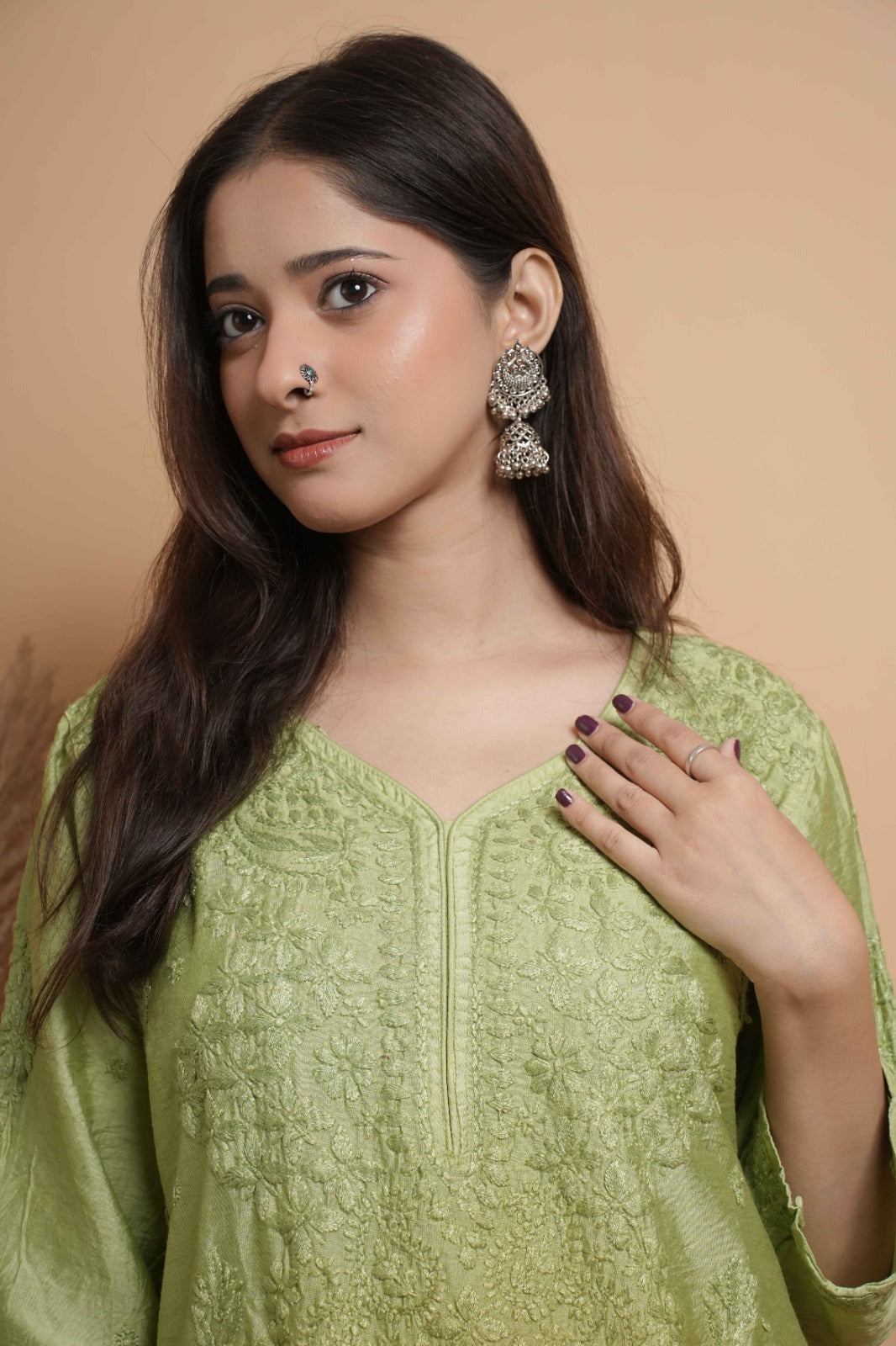 Chikankari hand embroidered | Suit Set| Chanderi | Green