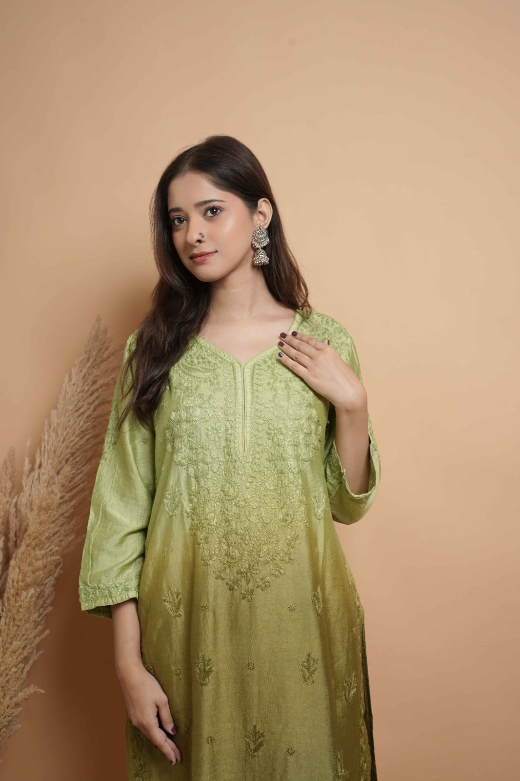Chikankari hand embroidered | Suit Set| Chanderi | Green