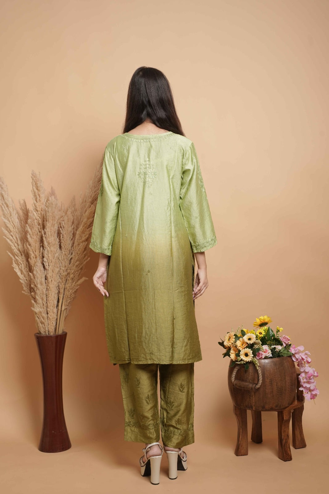 Chikankari hand embroidered | Suit Set| Chanderi | Green