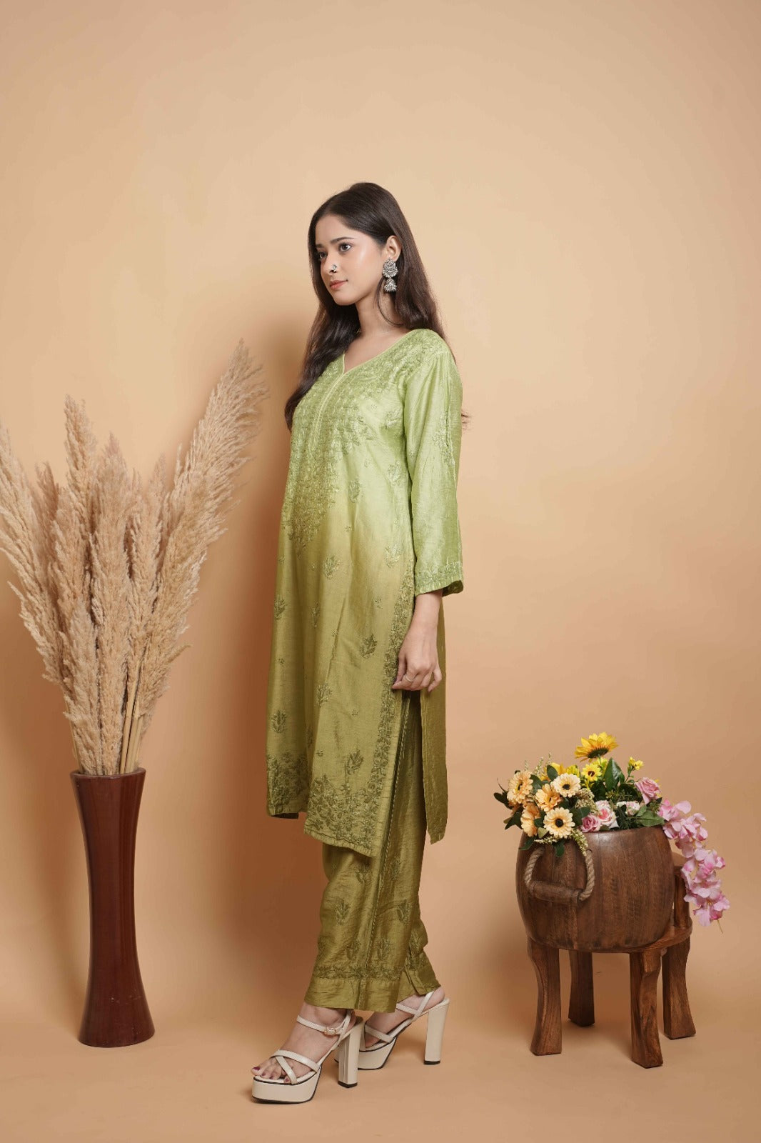 Chikankari hand embroidered | Suit Set| Chanderi | Green
