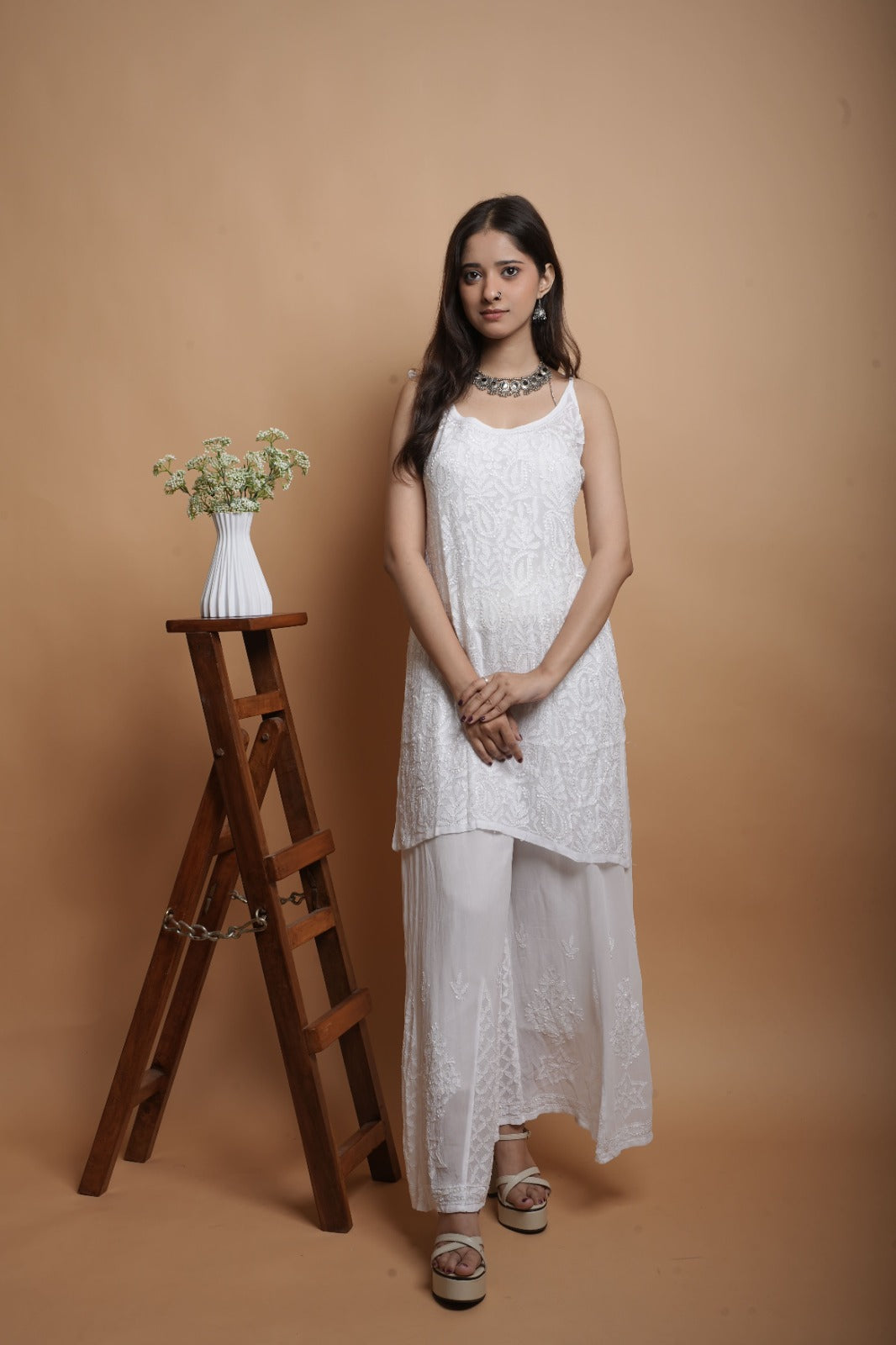 Chikankari Short Noodle Strap Kurta | Georgette | White