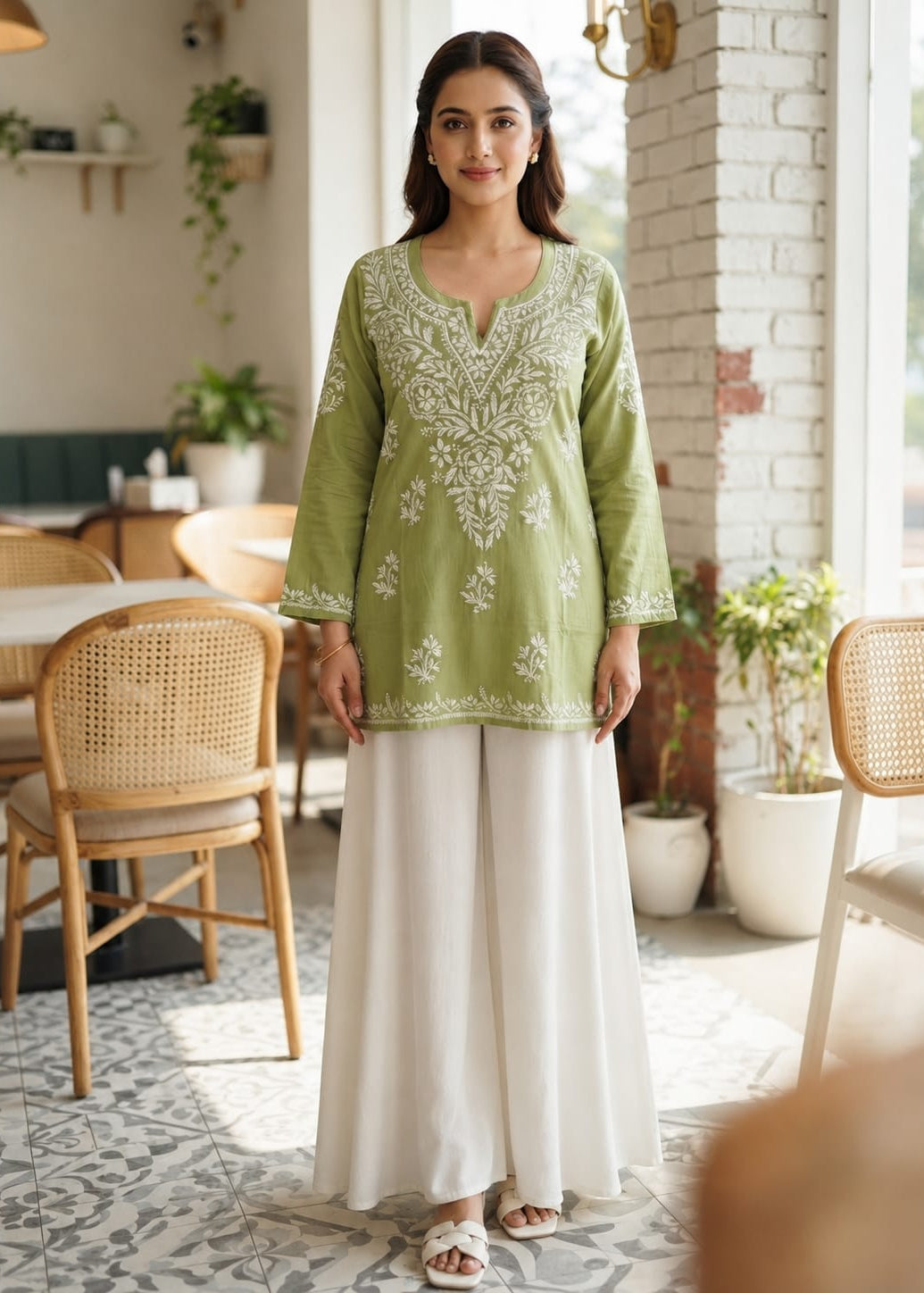 Chikankari Cotton Short Kurta Pistachio Green