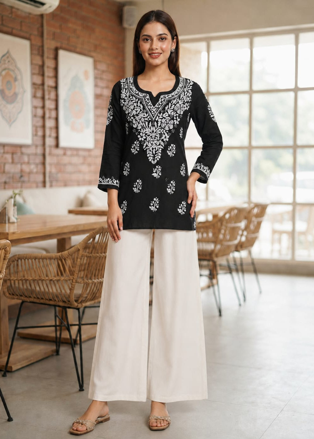 Chikankari Cotton Short Kurta Black