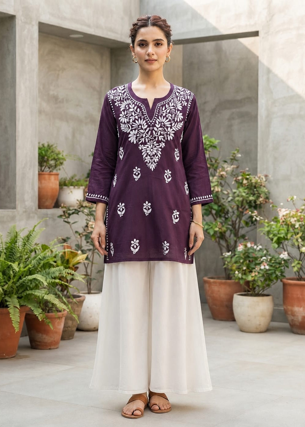 Chikankari Cotton Short Kurta Deep Plum