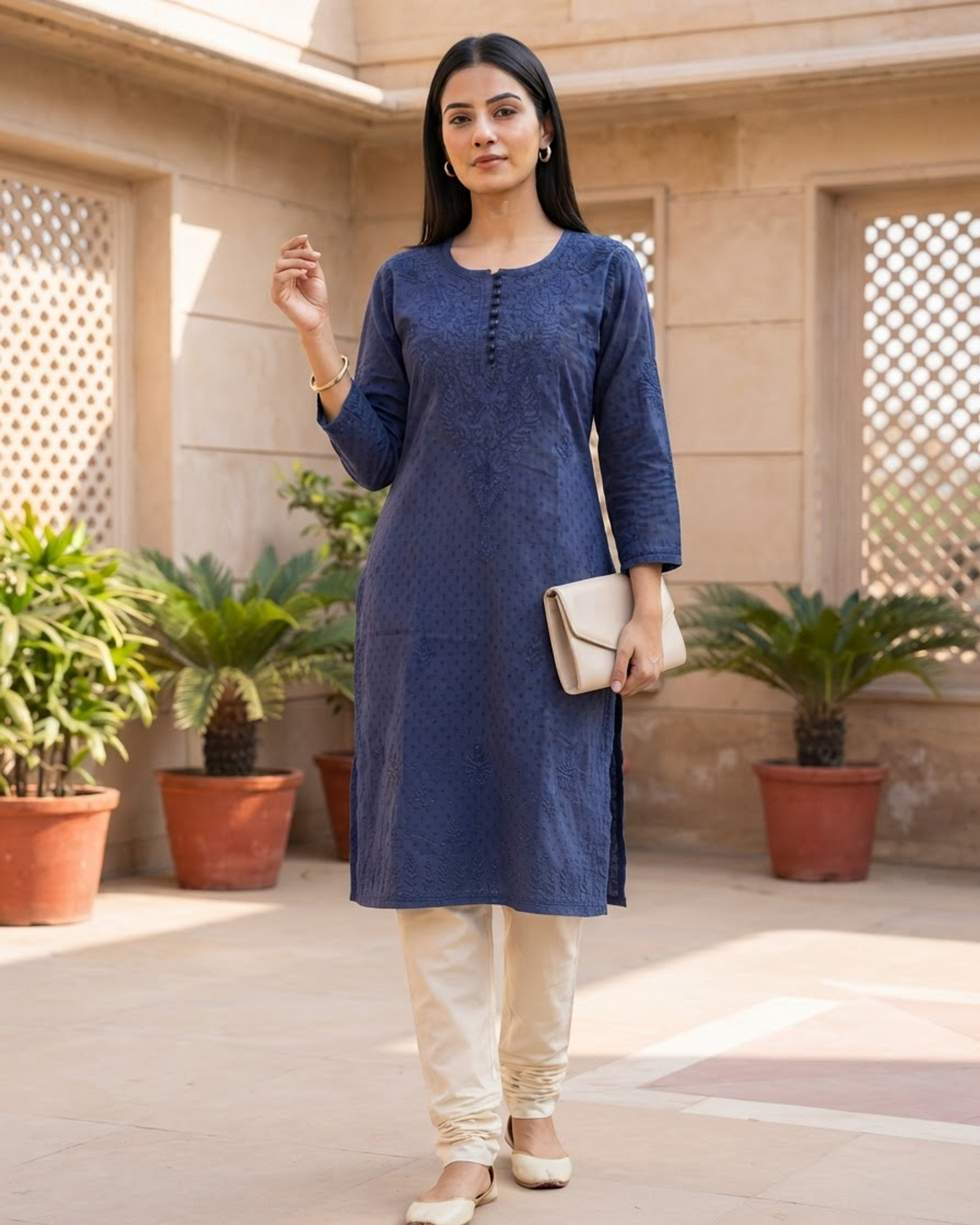 Chikankari Long Kurta Navy Blue